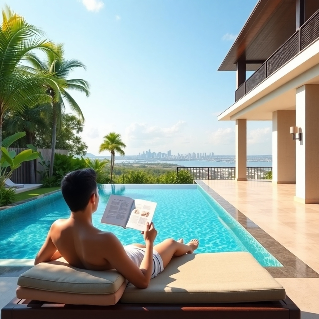 A photorealistic image depicting a person relaxing by the poolside of a luxurious Pattaya pool villa. The person could be lounging on a sunbed reading a book, or perhaps enjoying a refreshing drink. The pool should be sparkling and inviting, with lush tropical landscaping and a calming atmosphere. The image should convey a sense of relaxation and tranquility.  The background should include hints of the beautiful Pattaya skyline in the distance. High resolution, 8k
