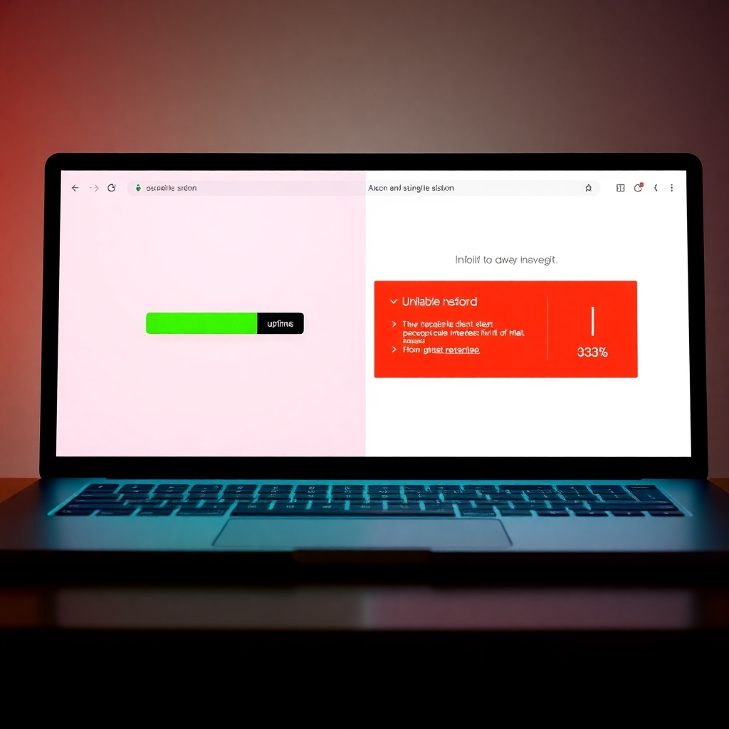A photorealistic image depicting a split screen: one side shows a fast-loading website with a green uptime indicator, the other shows a slow-loading website with error messages and a red downtime indicator.  Both screens should be sleek and modern, showcasing the contrast between reliable and unreliable hosting.