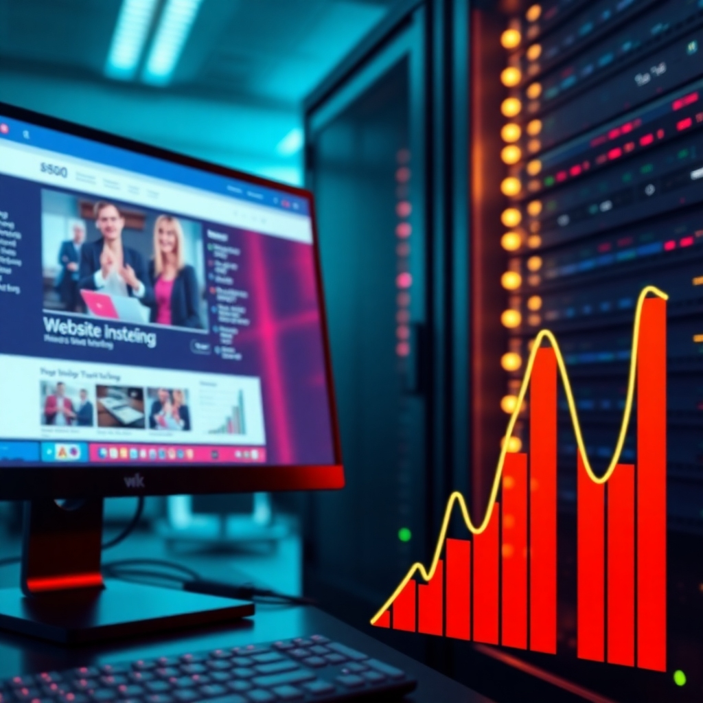 A photorealistic image depicting a seamless transition between a computer screen displaying a website design interface, a server rack humming with activity, and a graph showing upward-trending marketing data.  The overall mood should be one of smooth, efficient integration. Use vibrant colors and sharp focus.