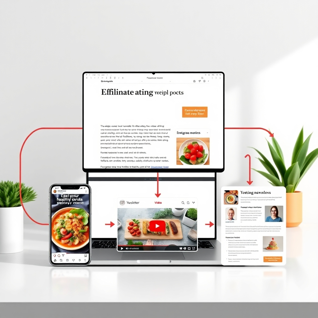 A photorealistic image depicting a seamless workflow: a laptop displaying a blog post about healthy eating, its content being repurposed into several formats – Instagram stories showcasing affiliate links to healthy food delivery services, YouTube thumbnail for a related video review, and email newsletter with product recommendations and affiliate links. The visual style should be clean, modern, and visually appealing, using bright, vibrant colors to attract attention.