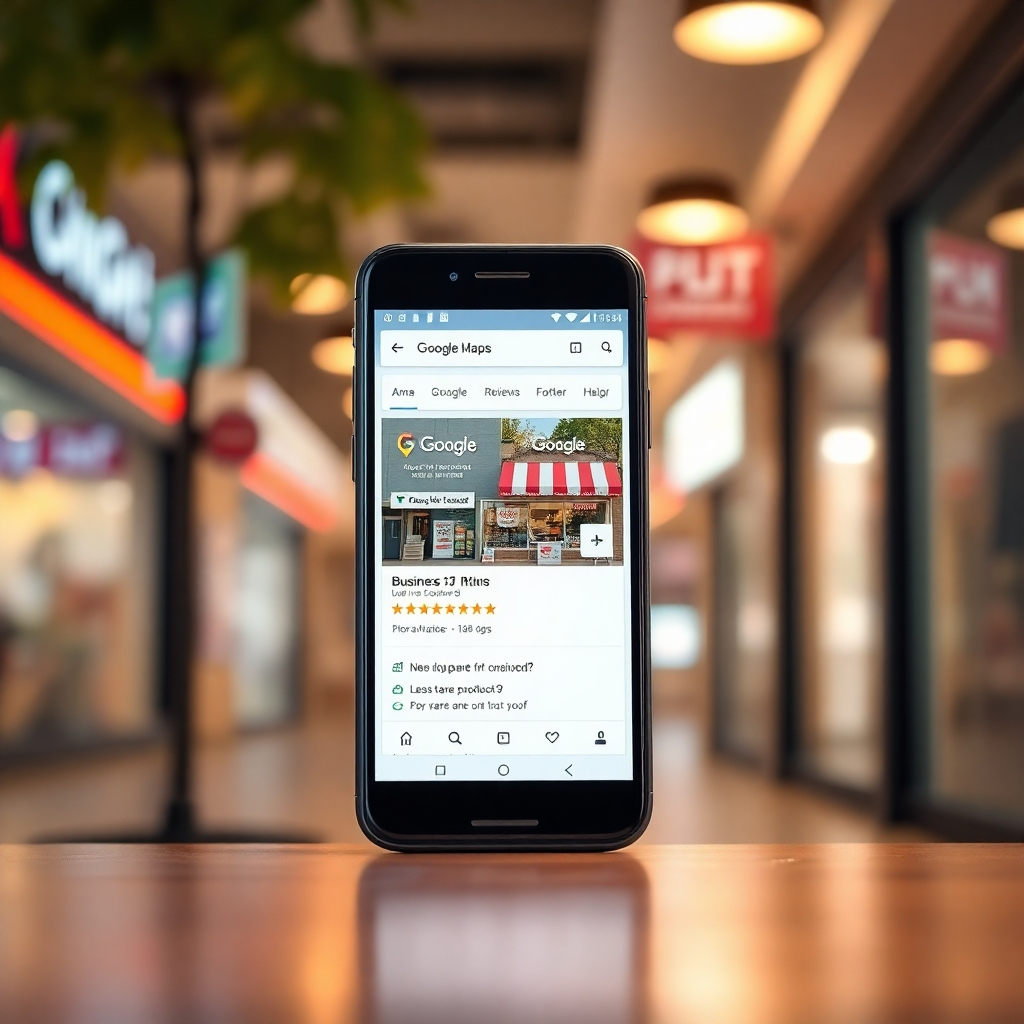 A photorealistic image depicting a smartphone displaying a Google Maps search result prominently featuring a business listing with high ratings and reviews, showcasing a vibrant storefront and positive customer feedback.  The background should subtly show other less prominent business listings.  The overall mood should be bright and positive, suggesting success.