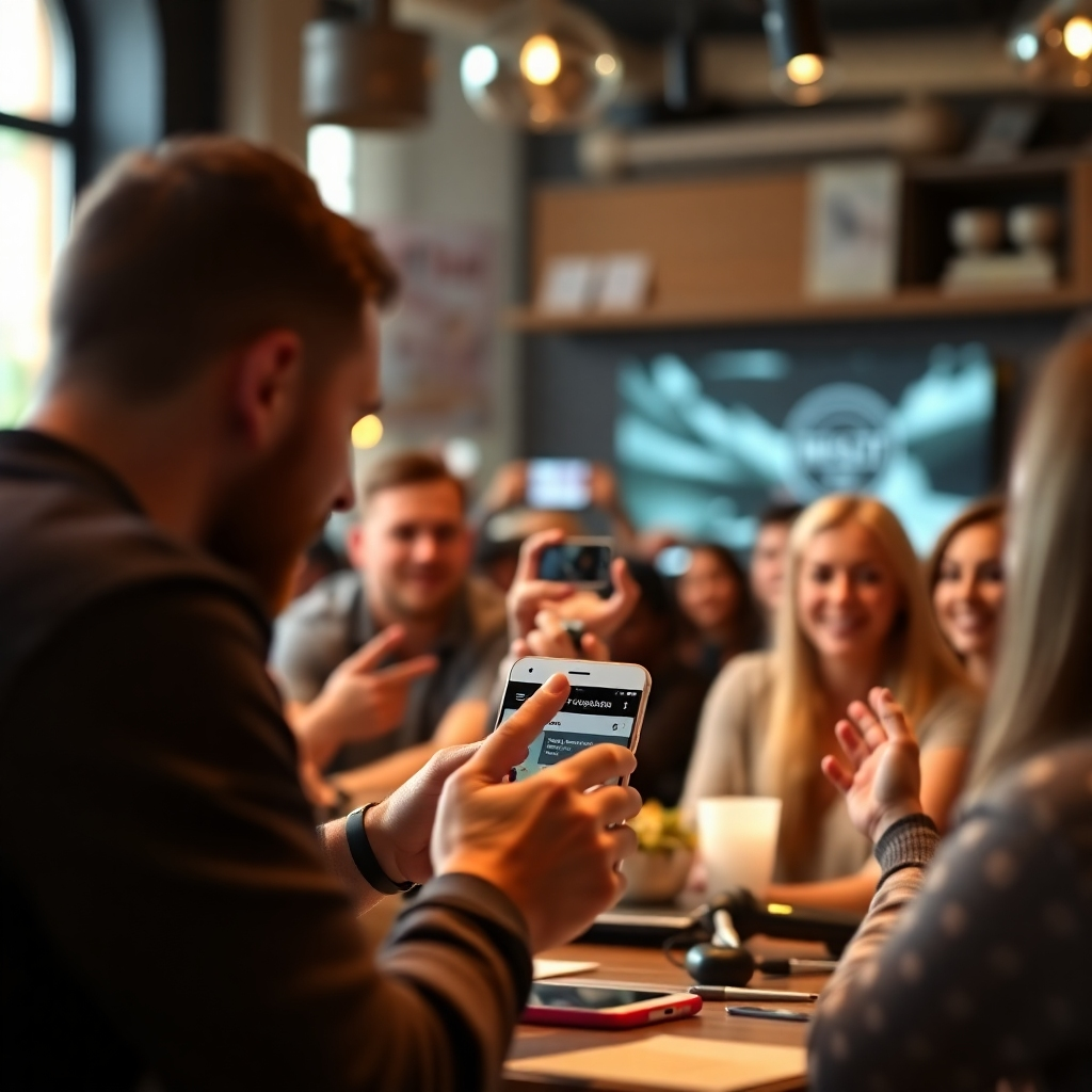 A photorealistic image depicting a social media page with high engagement: many likes, comments, and shares on a post. The post should be visually appealing and engaging, perhaps a product demo or a behind-the-scenes look at a business. The background should subtly show happy customers interacting with the brand online. The overall mood should convey a strong sense of community and positive interaction.