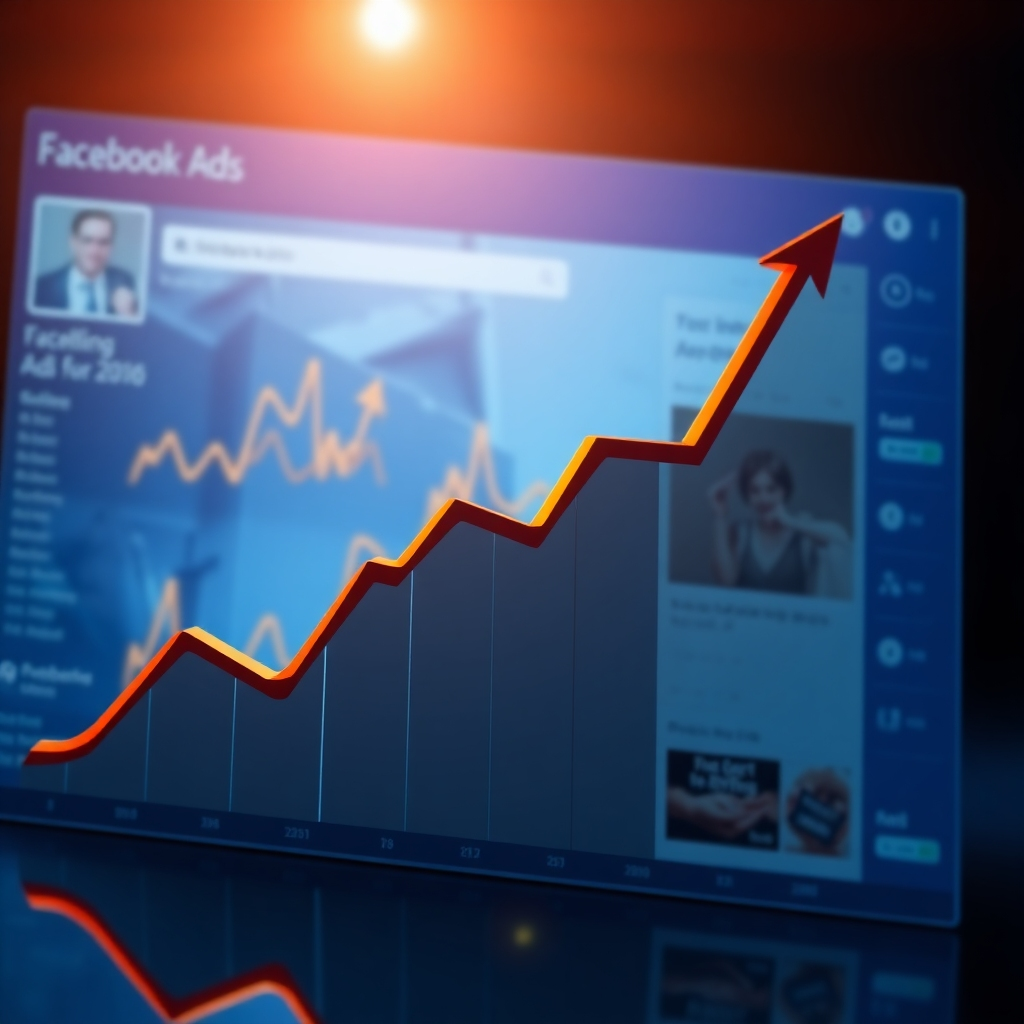 A photorealistic image depicting a graph showing a significant upward trend in sales or brand awareness, overlaid with a Facebook Ads interface showcasing a targeted advertising campaign.  The overall image should convey success and precision in Facebook advertising. High-resolution, detailed, and well-lit.