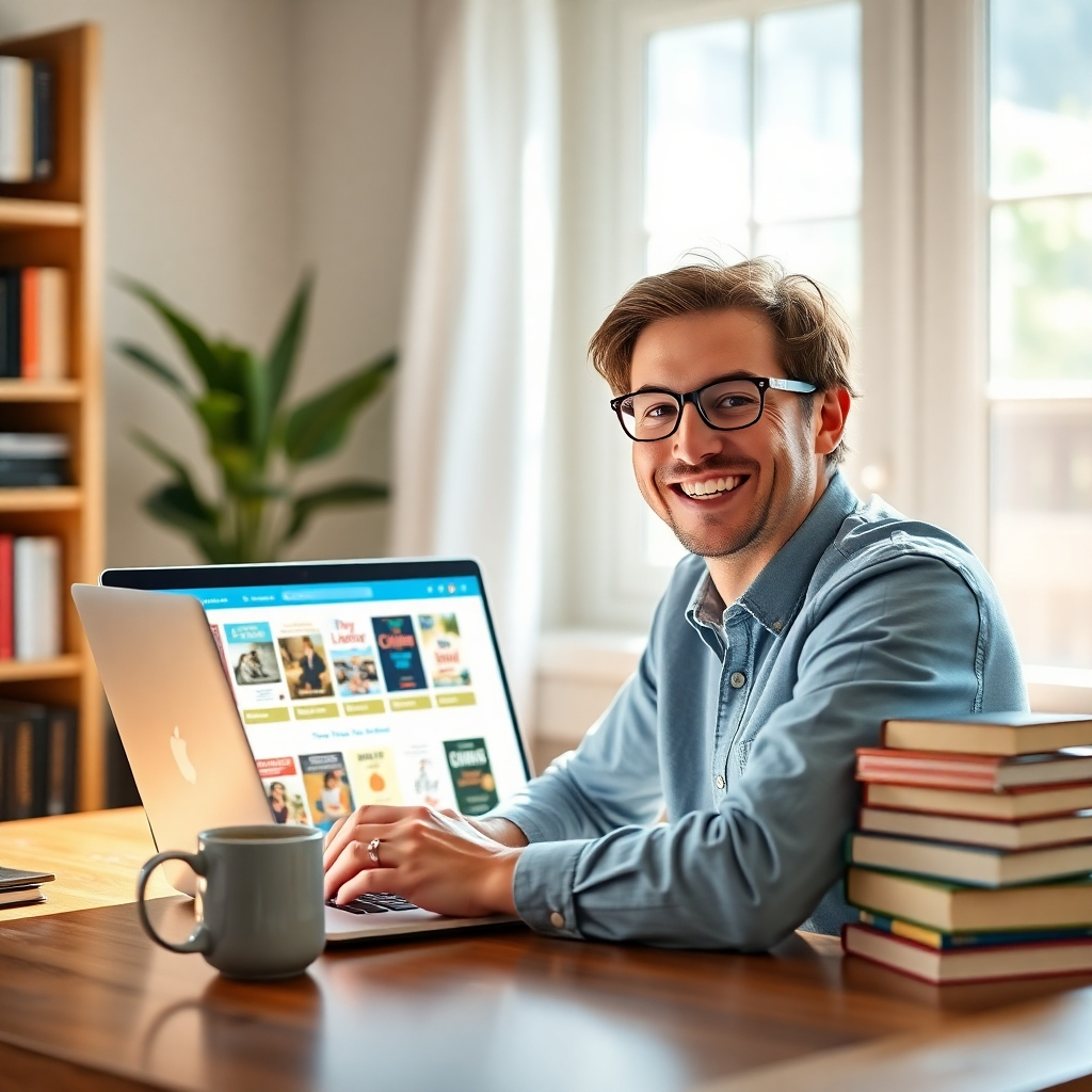 A photorealistic image depicting a person happily sitting in front of a laptop, showing a website interface filled with many book covers, looking very satisfied and successful. The composition should highlight the user experience and ease of use. The lighting should be bright and natural, creating a welcoming atmosphere. The color palette should be vibrant and uplifting. The camera angle should be from a slightly elevated perspective, emphasizing the user's positive expression.  The environment should be a cozy, home office setting. The relevant props should include a laptop displaying the website, a mug of coffee, and several neatly stacked books. Technical specs: 4K resolution