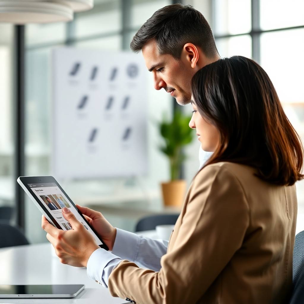 A photorealistic image depicting a client confidently reviewing a professional corporate website on a tablet.  The website should showcase strong brand elements, testimonials, and client logos, conveying trust and reliability.  The background should be a modern, well-lit workspace.