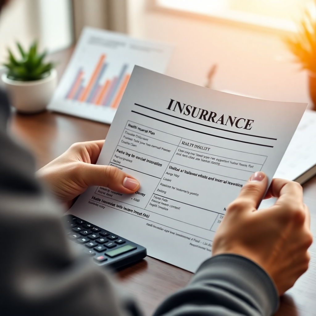 A photorealistic image depicting a person carefully reviewing a health insurance plan document, with a calculator and a financial chart in the background. The scene should convey careful budgeting and financial planning.  The overall color scheme should be calm and reassuring.
