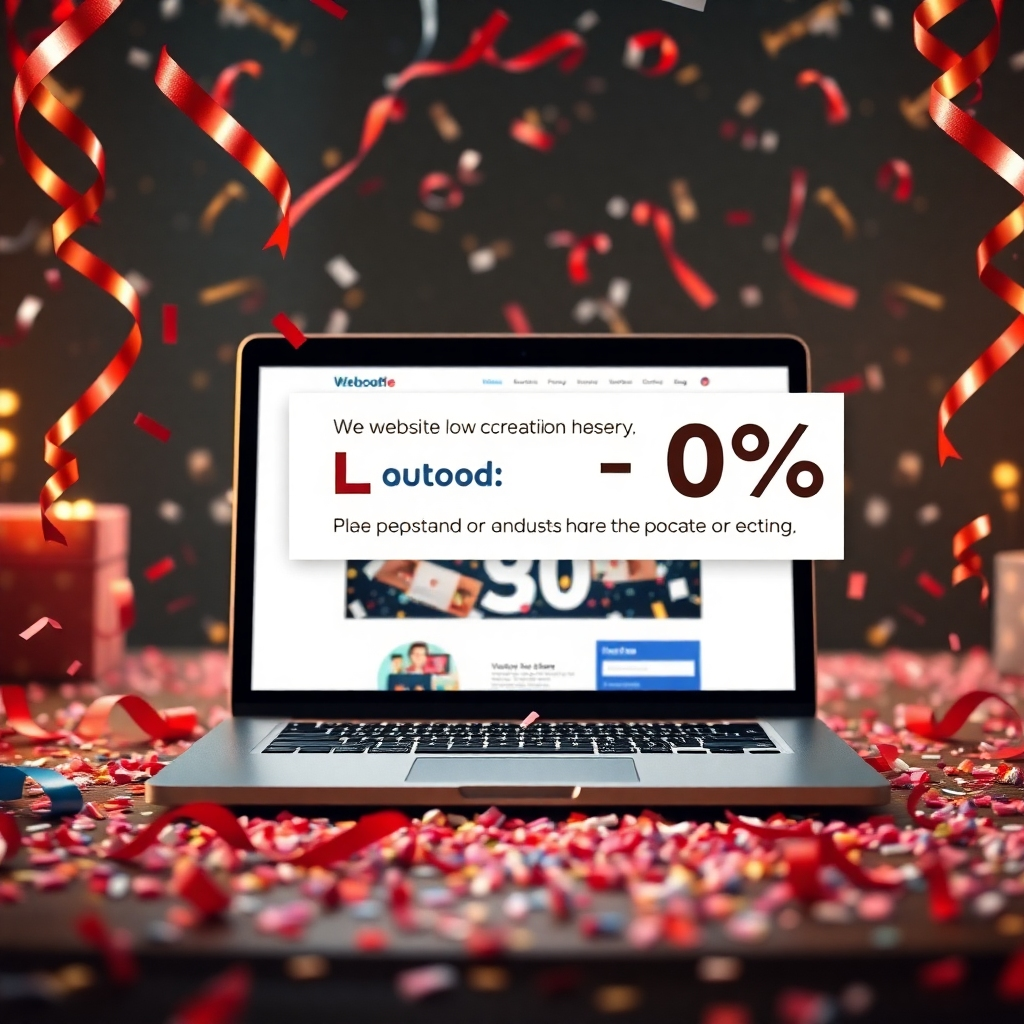 A photorealistic image depicting a celebratory scene with a laptop displaying a website design interface. Confetti and ribbons are falling around the laptop, with a banner overlay highlighting a large percentage discount offer for website creation services. The overall mood should be festive and exciting.