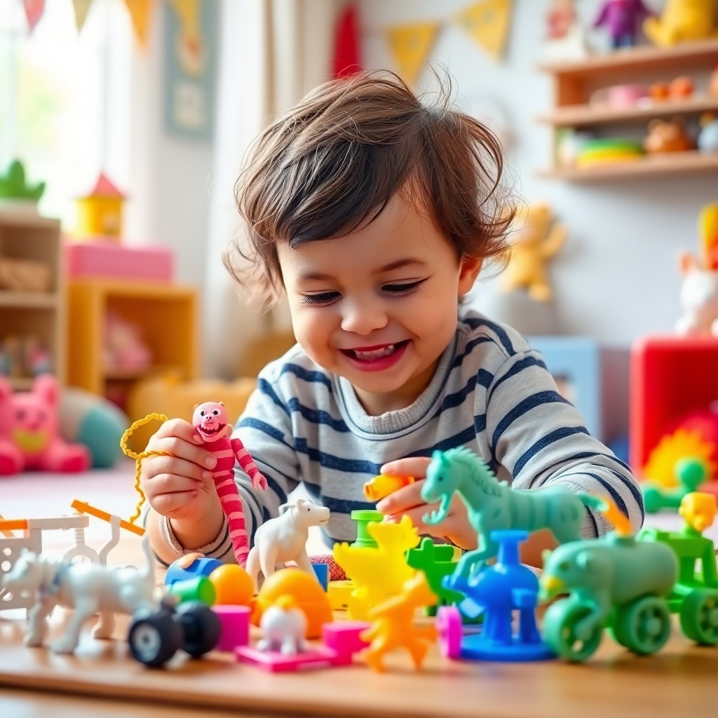 A photorealistic image depicting a child happily playing with various 3D printed toys made from PLA plastic. The scene should be bright and cheerful, showing a safe and playful environment. The focus should be on the child's interaction with the toys, emphasizing the safety and non-toxic nature of the PLA material. The background should be a child's playroom, filled with soft colors and toys.