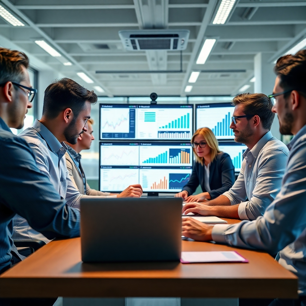 A photorealistic image depicting a team of marketing professionals collaborating around a table, analyzing data on multiple screens. The screens should show graphs, charts, and social media analytics.  The scene should feel dynamic and collaborative, with a modern, bright office environment.