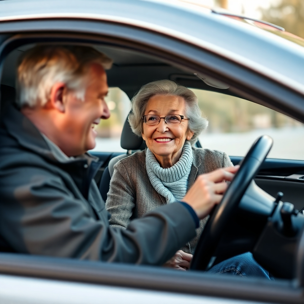 A photorealistic image depicting a friendly driver helping an elderly woman into a car. The woman is smiling and appears comfortable. The background is a clean, well-maintained car interior. The lighting is soft and warm, creating a sense of security and comfort.