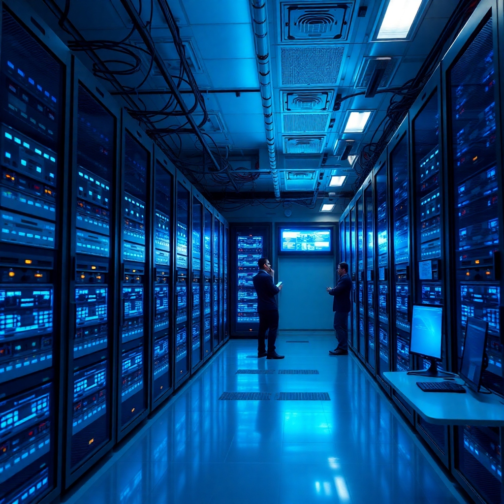 A photorealistic image depicting a high-speed server room with rows of powerful servers glowing with blue lights, surrounded by networking equipment and technicians monitoring screens, conveying a sense of reliability and advanced technology. The image should be clean and professional, with a focus on speed and security.