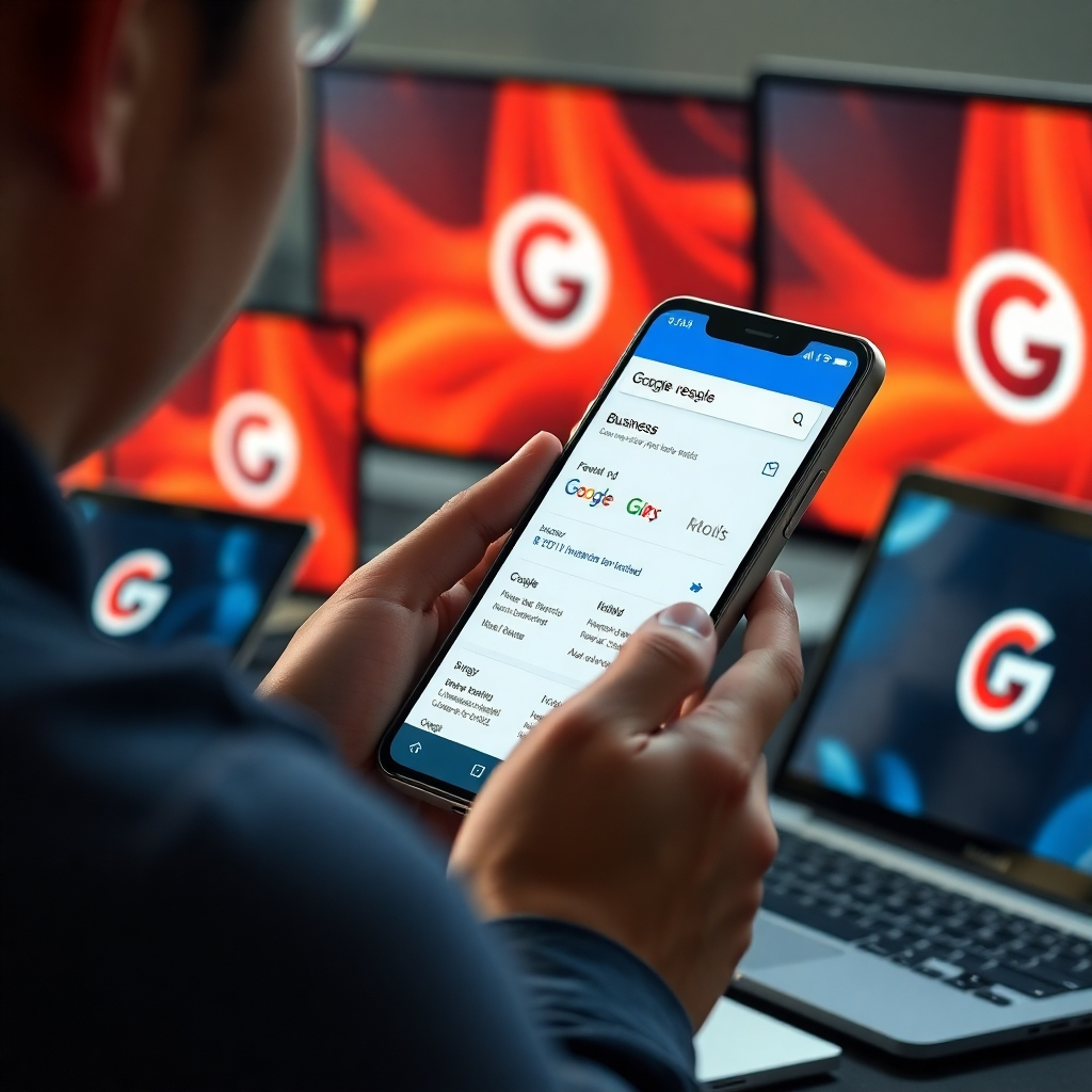 A photorealistic image depicting a person using their smartphone to search Google. The Google search results page shows the business's website prominently featured at the top, indicating high search ranking and ad visibility.  The background shows various digital devices (tablets, laptops) with the company logo subtly appearing on some screens, illustrating broad brand presence.