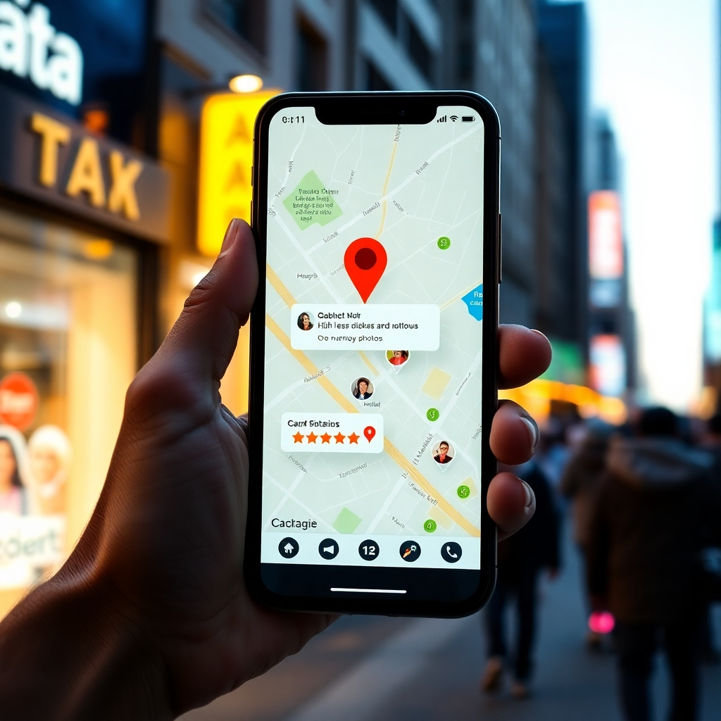 A photorealistic image depicting a phone displaying a map with a prominent business marker, showcasing high customer reviews and numerous photos. The background should subtly show a bustling city street to represent increased visibility and foot traffic. The overall mood should be bright and positive, conveying success and growth.