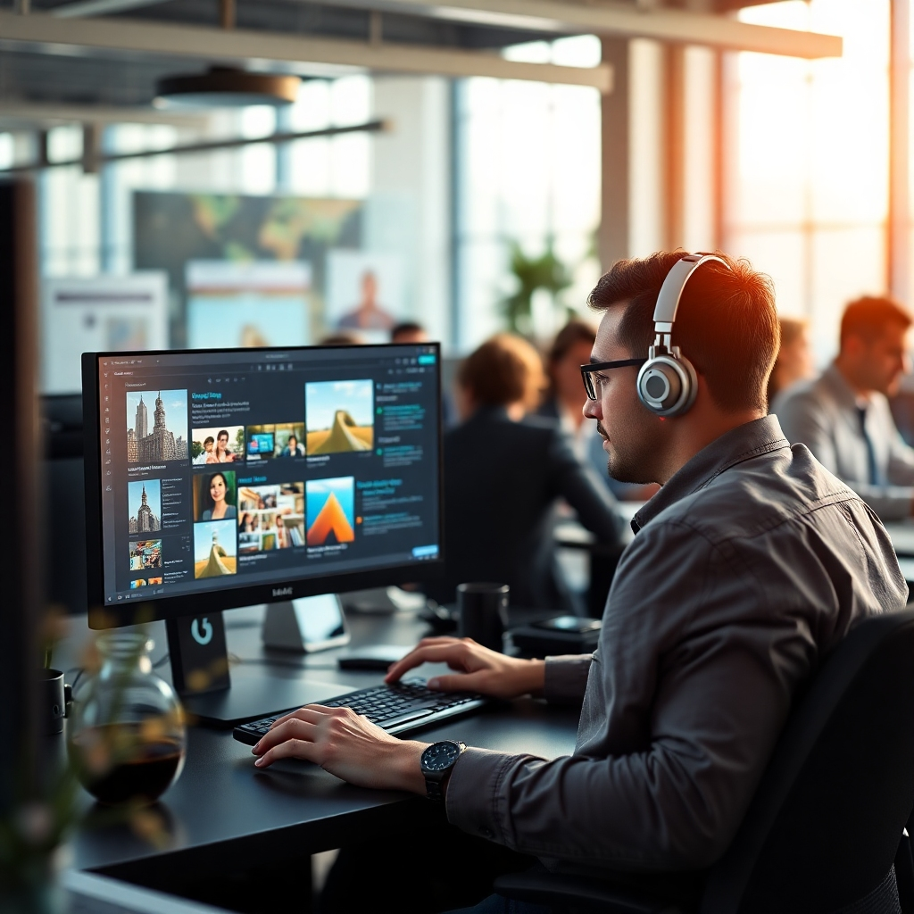 A photorealistic image depicting a busy office scene where a graphic designer is using AI software to enhance a marketing brochure design. The software interface should be clearly visible, displaying AI-powered tools such as image enhancement, layout suggestions, and color palette optimization. The overall mood should reflect the speed and precision of AI-assisted design.
