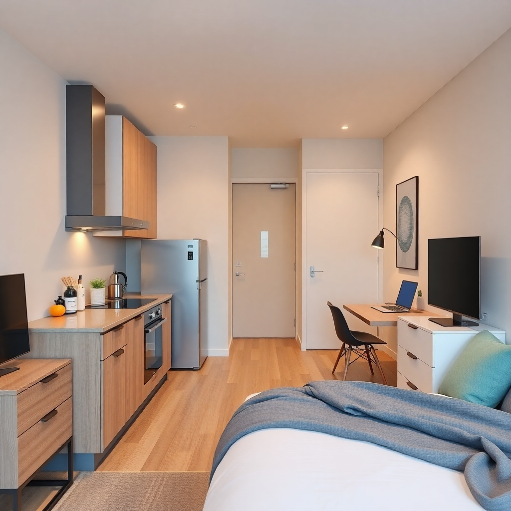 A photorealistic image emphasizing the modern amenities of a rental unit: a sleek kitchen, comfortable beds, and high-speed internet setup.  The lighting should be bright and modern. Style reference: Modern apartment brochures. Resolution: 4K