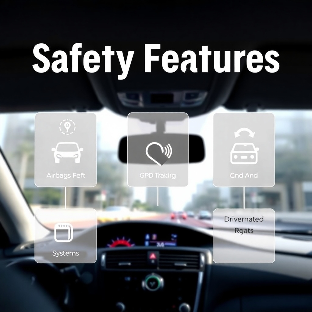 A photorealistic image emphasizing safety features. Close-up shot of a car's dashboard highlighting safety features like airbags, GPS tracking, and driver monitoring systems. The lighting is bright and clear, emphasizing the technology. The color palette is professional and trustworthy. Camera angle is a close-up shot, focusing on the safety features.