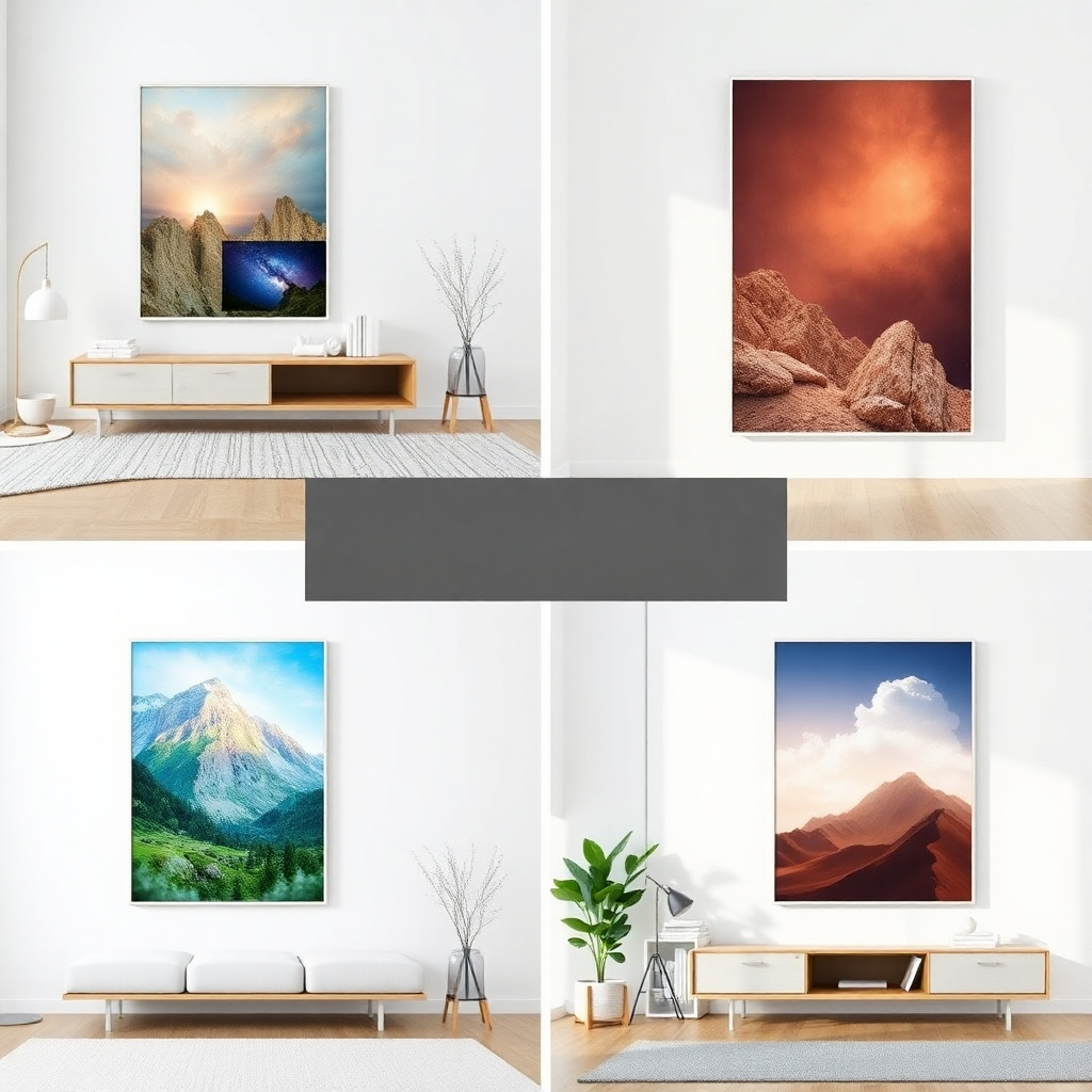 A photorealistic image featuring several canvas prints in different room settings. Each canvas should showcase a cohesive design between the artwork and the aluminum frame. 4K resolution.