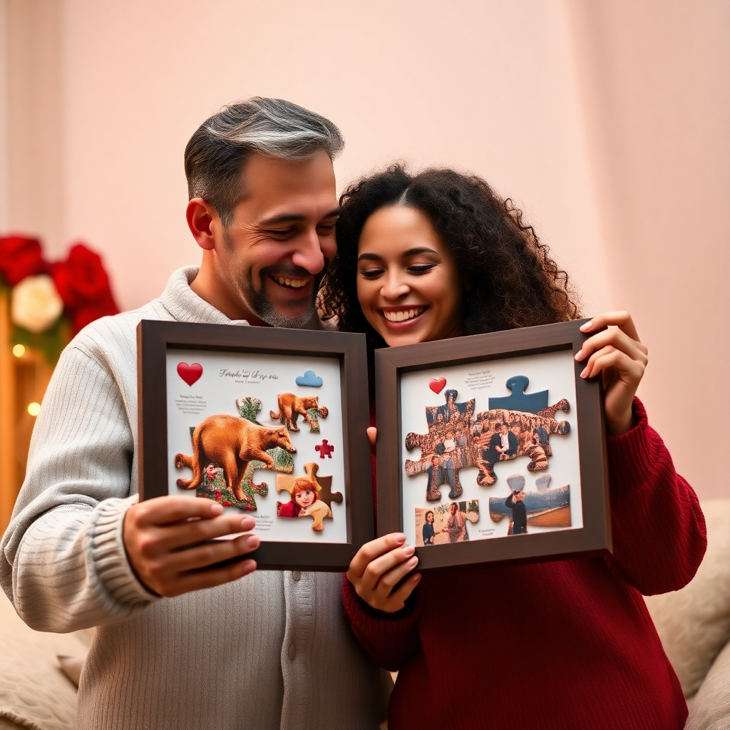 A photorealistic image focusing on the emotional impact of the gift. A happy couple is shown exchanging the framed jigsaw puzzles, their faces beaming with love and appreciation. The background should be soft and romantic, enhancing the emotional connection between the couple and the gift. Focus on the expression of genuine happiness and affection.