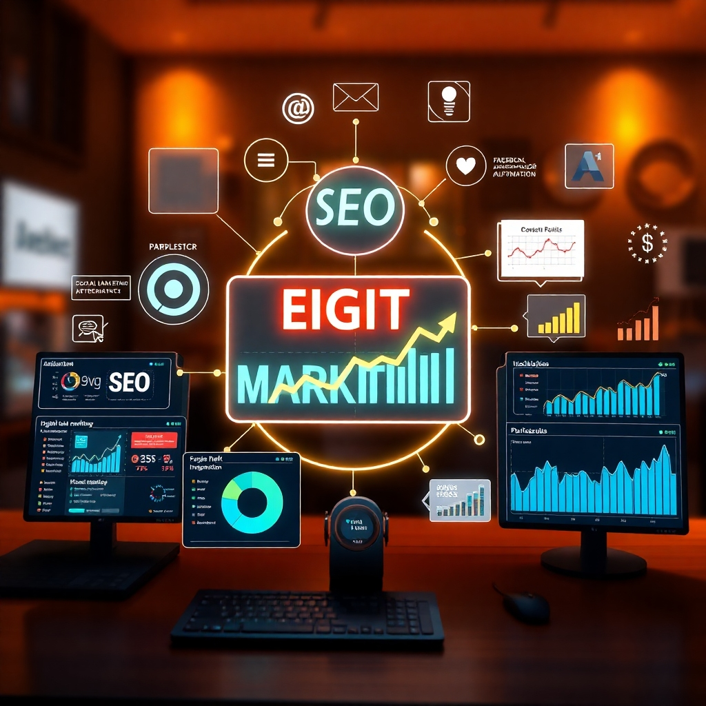 A photorealistic image illustrating a comprehensive digital marketing strategy. Show various elements like SEO optimization, social media marketing campaigns (Facebook, Instagram, etc.), email marketing automation, and analytics dashboards displaying positive results.  The image should convey a sense of strategic planning and successful execution.