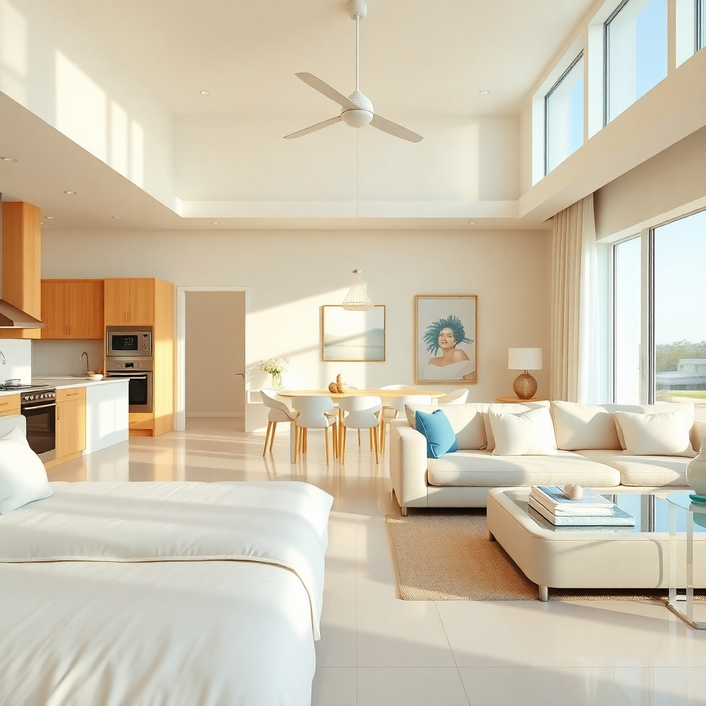 A photorealistic image, in 8K resolution, depicting a pristine, well-maintained vacation home rental. The image should be shot in bright, natural daylight, coming from large windows, creating a cheerful, inviting ambiance. The color palette consists of warm, inviting tones, such as creamy whites, soft yellows and blues.  The composition emphasizes cleanliness and order. It should showcase a fully-equipped kitchen, a spacious living area, and well-maintained bedrooms. Focus on capturing the texture of freshly laundered linens on the beds, the gleam of polished surfaces, and the clean lines of the modern furniture.  The camera angle should be a wide shot, showcasing the entire space.   The style should mimic aspirational travel photography, with a focus on creating a mood of comfort and ease. The scene should also subtly include elements suggesting recent cleaning, such as fresh towels neatly folded, gleaming surfaces, and spotless floors.  Include items like fresh flowers, tasteful decor and high-quality amenities to enhance the luxurious feel. The image should be hyperrealistic in detail, in the style of architectural photography focusing on the clean, contemporary aspects of the property.