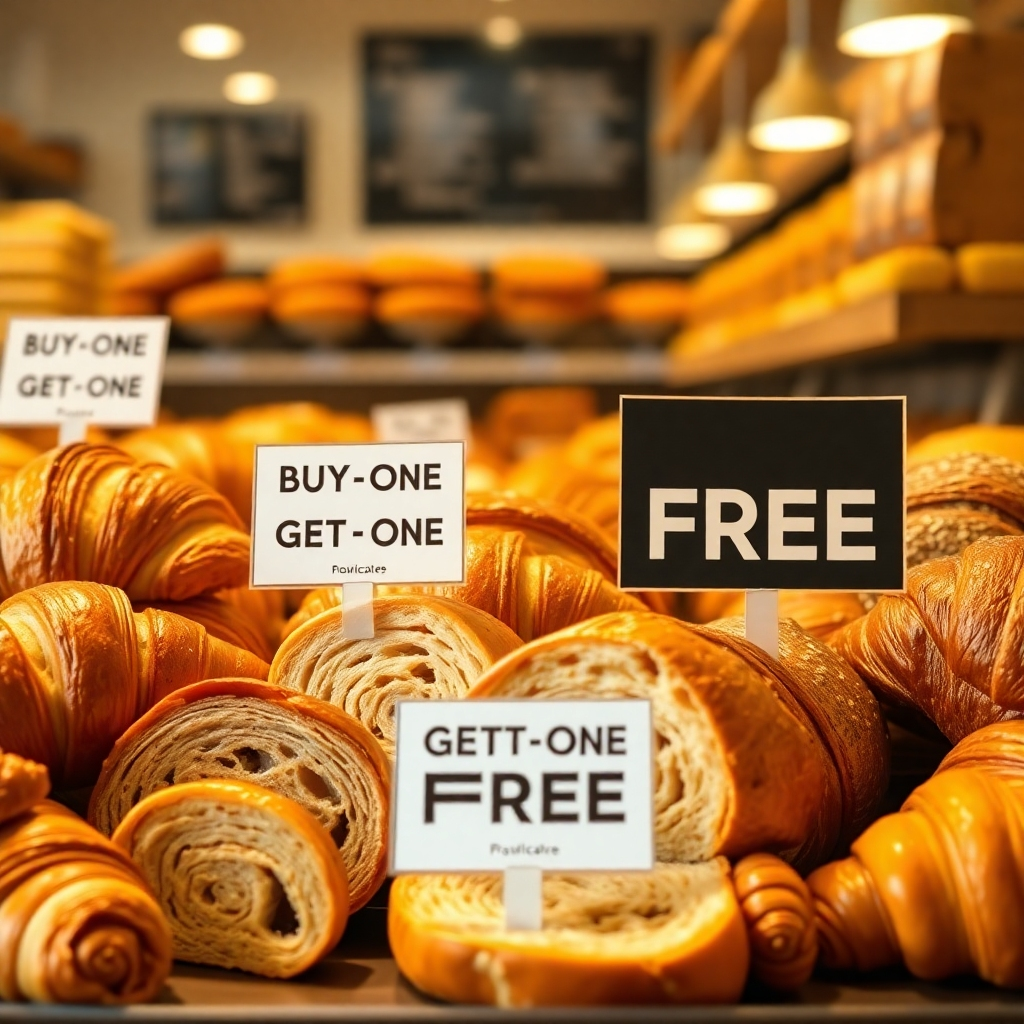 A photorealistic image of a bakery display showcasing a buy-one-get-one-free promotion on croissants and bread.  The image should feature warm lighting, high-quality bread and croissants with visible layers and texture, and clear signage indicating the promotion. The background should be slightly blurred, focusing attention on the promoted items. Include a variety of bread and croissant types, some partially sliced to show their interior.