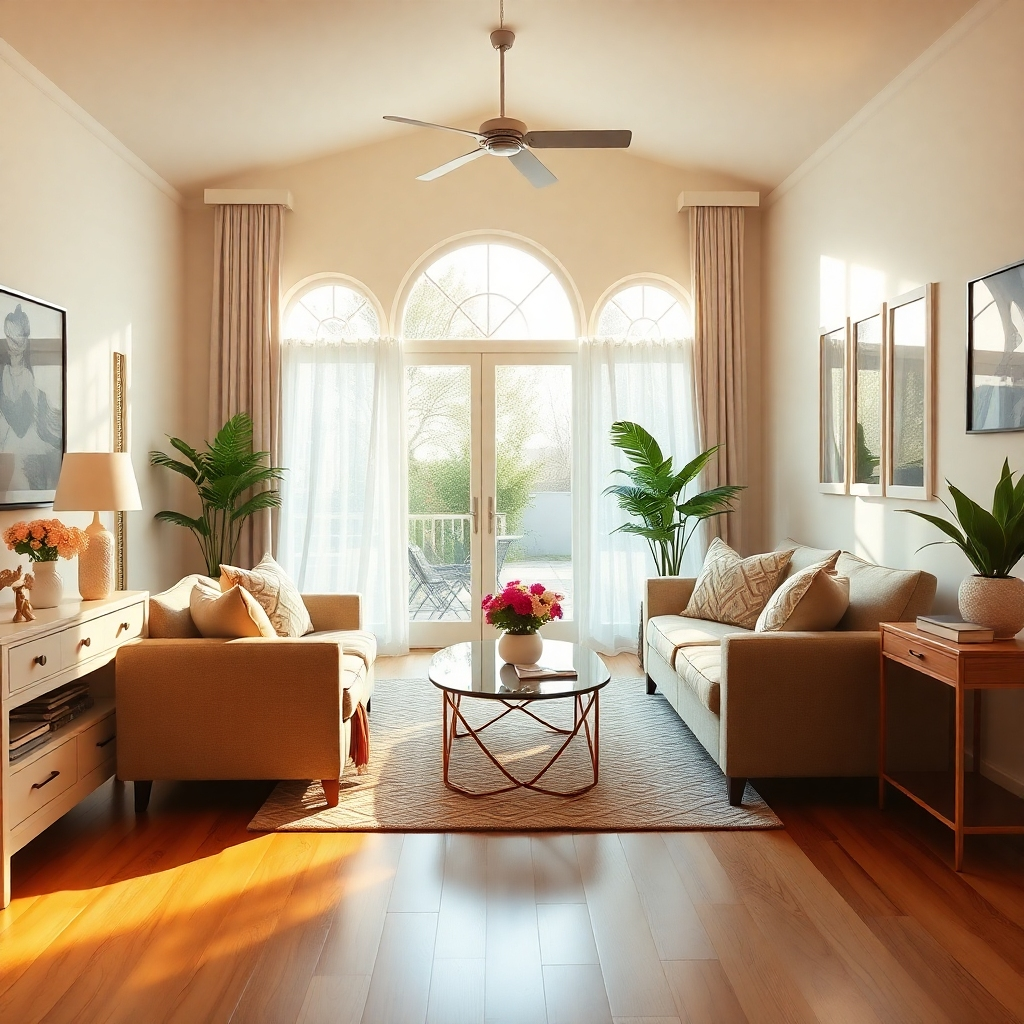 A photorealistic image of a beautifully staged and clean home, ready for sale.  Sunlight streams in, highlighting the home's features. Furniture is tastefully arranged, with details like fresh flowers and inviting lighting to create a welcoming ambiance. High-quality image, warm and inviting aesthetic.