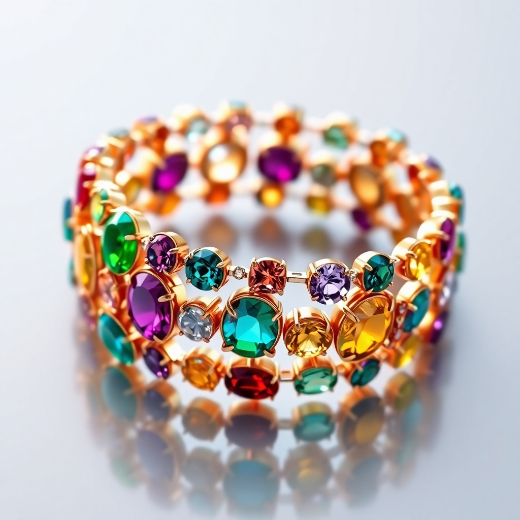 A photorealistic image of a beautifully crafted gemstone bracelet. The bracelet should feature a unique design with a variety of colorful gemstones arranged in a visually appealing pattern. The bracelet should be meticulously crafted, showcasing high-quality materials and craftsmanship. The background should be simple and elegant, allowing the bracelet to be the focal point of the image.