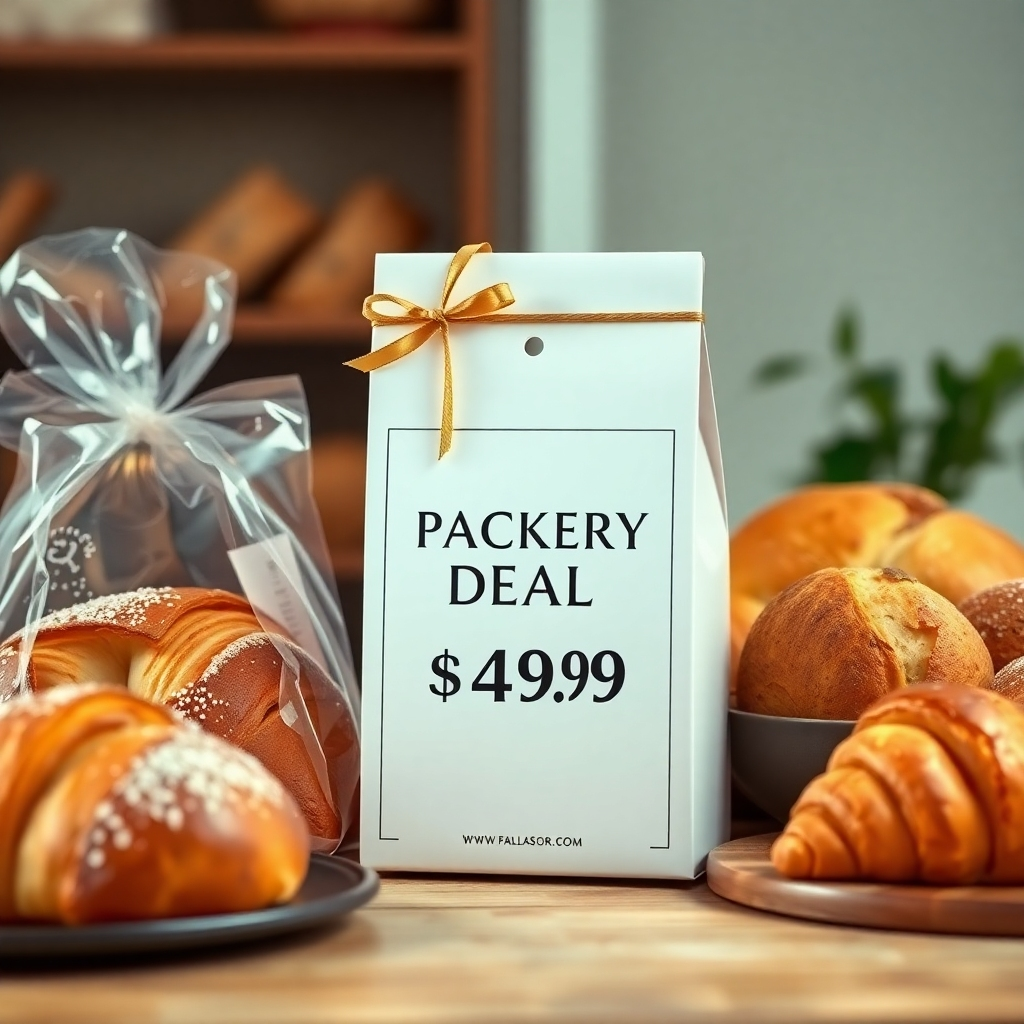 A photorealistic image of a beautifully arranged bakery package deal. This package contains various types of breads and croissants. The packaging should be elegant and eye-catching with a clear price tag showcasing the value proposition. The background should be slightly blurred focusing attention on the package deal. The image should convey a sense of abundance, family gathering, and value for money.