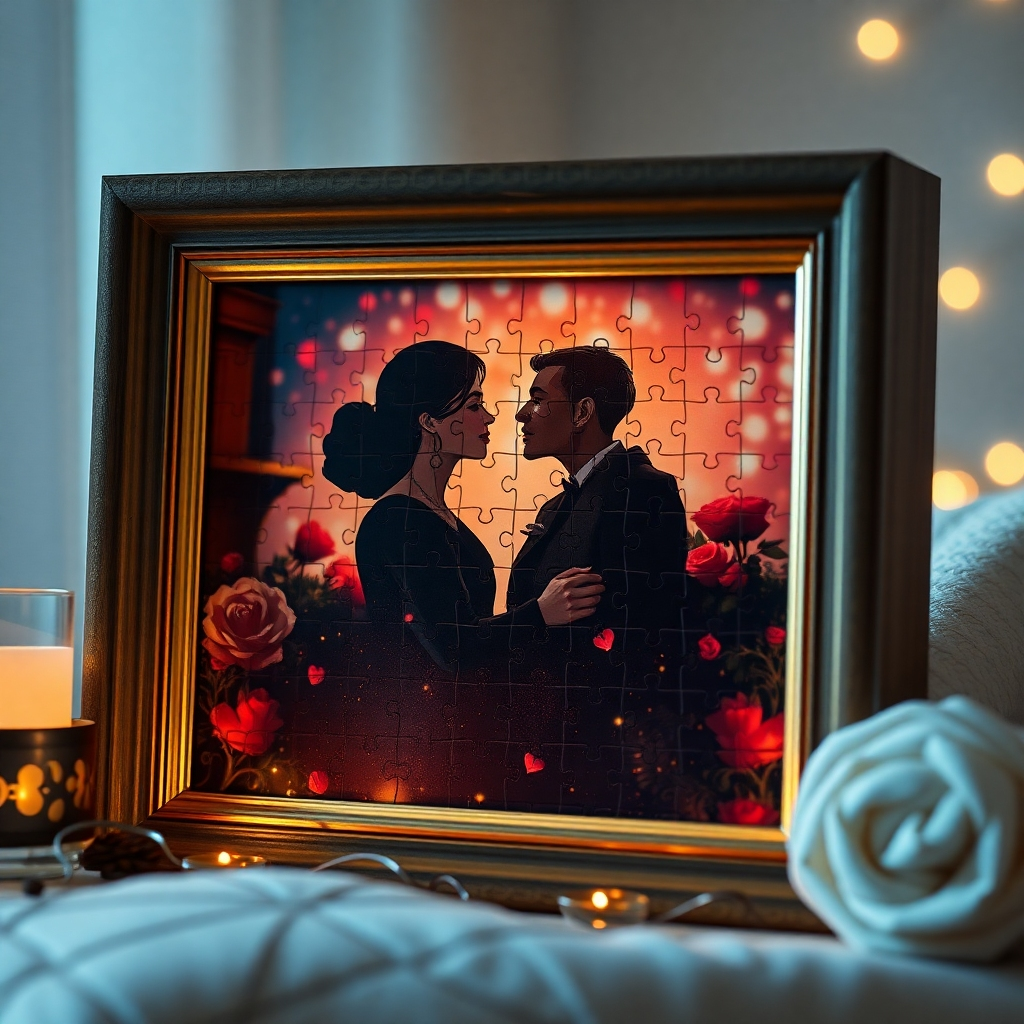 A photorealistic image of a beautifully presented jigsaw puzzle in a stylish frame, depicting a romantic couple. The puzzle should be of high quality, with vibrant colors and sharp details. The scene should be warm and intimate, evoking feelings of love and affection. The image should also showcase the attractive packaging or presentation of the gift, highlighting the thoughtfulness behind the present. The overall mood should be romantic and sentimental.