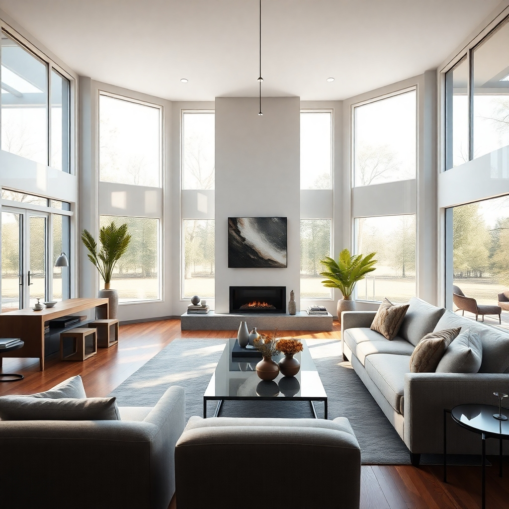 A photorealistic image of a beautifully staged living room, showcasing natural light streaming through large windows, highlighting the spaciousness and inviting atmosphere.  The image should feature high-end furniture and decor, with a focus on detail and creating a luxurious ambiance. The style should be modern and minimalist.