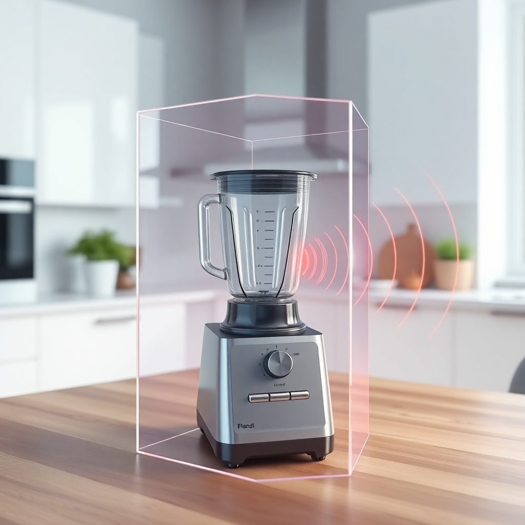 A photorealistic image of a blender inside a clear acrylic box, with sound waves visually represented as diminishing in intensity as they move away from the box.  The background should be a modern kitchen setting.  The image should clearly show the reduction in sound intensity.
