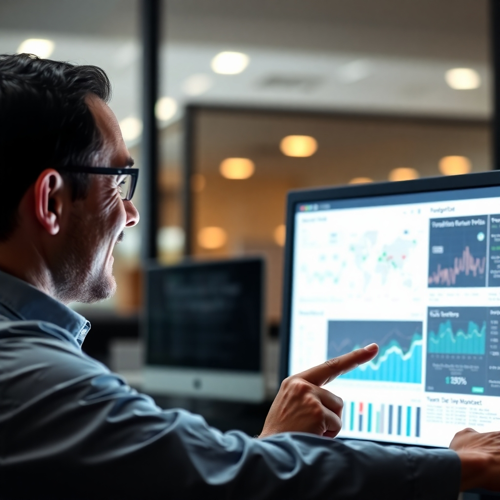 A photorealistic image of a businessperson reviewing insightful data visualizations on a computer screen, generated from Facebook Pixel data.  The data should visually represent website traffic, conversions, and other key marketing metrics, with a clear visual connection between this data and the improved ROI. The expression on the businessperson's face should be one of satisfaction and understanding.
