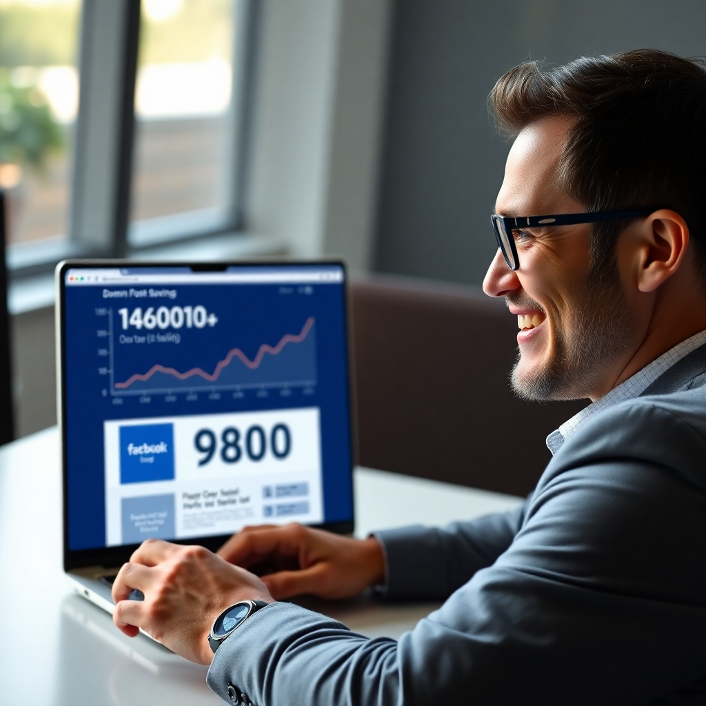 A photorealistic image of a businessman smiling and looking at a laptop screen showing a website design mockup. In the background, there's a graph showing significant cost savings, with the numbers 14600 and 9800 clearly visible, and a stylized representation of a website, domain, hosting, and Facebook logo.
