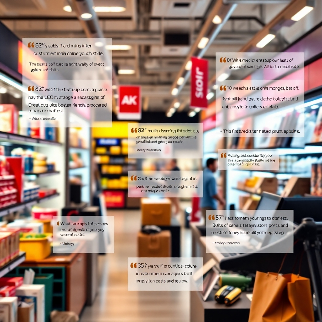 A photorealistic image of a bustling online store interface with a variety of products displayed attractively.  In the background, subtly show positive customer reviews and testimonials, showcasing brand recognition and strong customer engagement. The image should convey a sense of vibrancy, trustworthiness, and high sales volume.