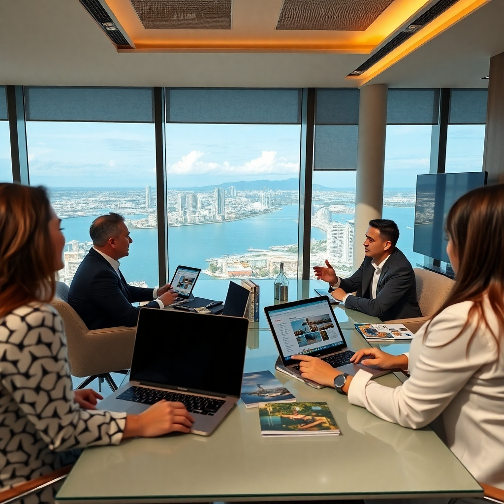 A photorealistic image of a business meeting taking place in a modern, stylish office overlooking Pattaya Bay.  A team is presenting marketing materials and discussing strategies for real estate affiliate recruitment, with laptops, tablets, and marketing brochures visible.