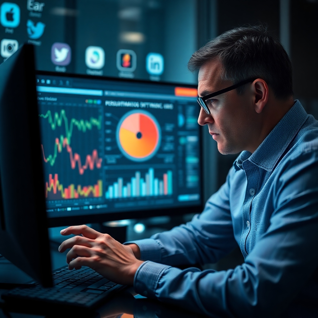 A photorealistic image of a businessperson analyzing data on a computer screen, with highlighted segments representing specific target demographics.  The background should subtly show various social media and marketing channels.  The image should convey precision, data-driven insights, and targeted outreach.