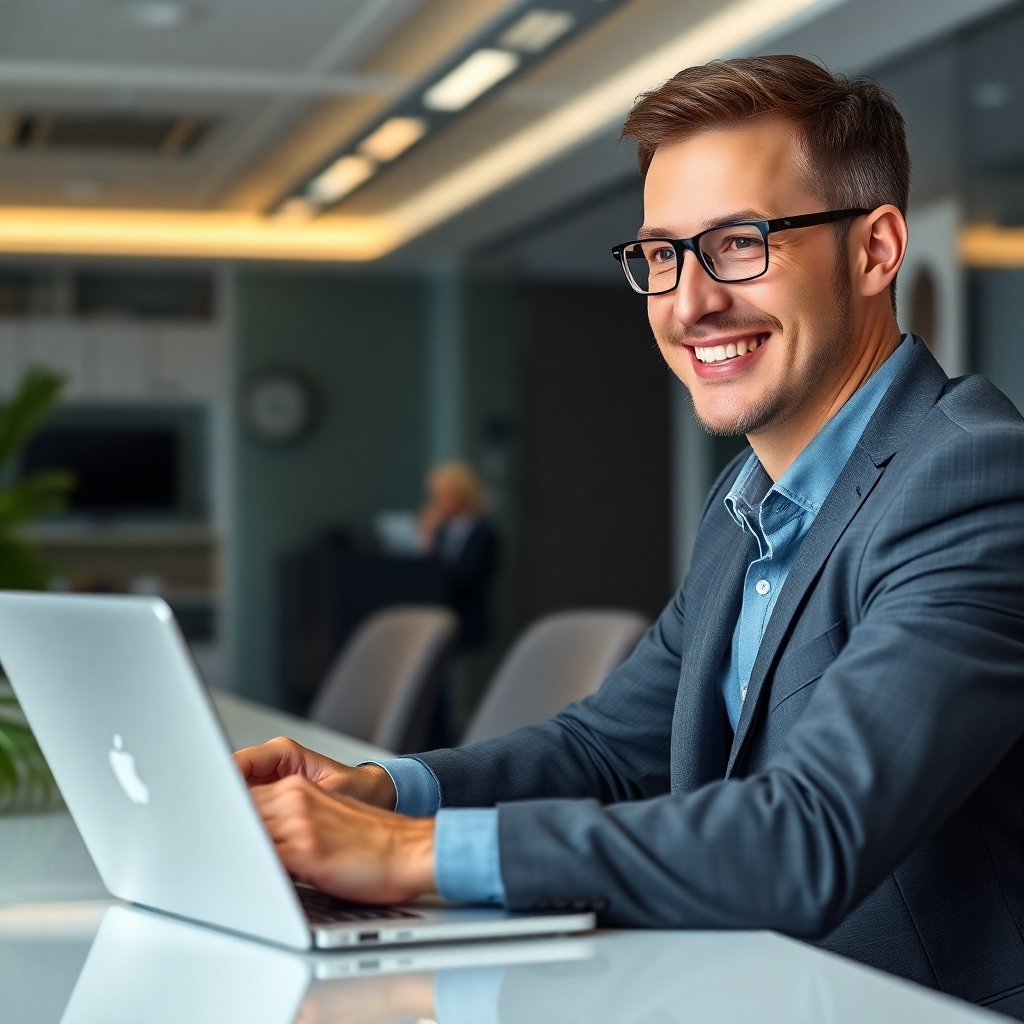 A photorealistic image of a business person smiling confidently while looking at a laptop displaying a website in multiple languages. The background should be a professional office environment with subtle branding elements.