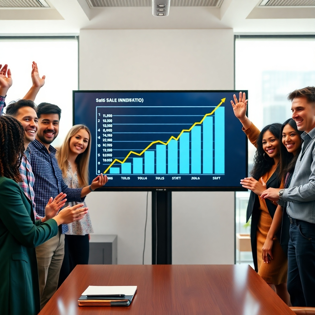 A photorealistic image of a business team celebrating a significant sales increase shown on a large monitor displaying a graph trending upwards. The team is diverse and happy, with the monitor showing key performance indicators (KPIs) like sales figures and website traffic. The background should be a modern, bright office environment.