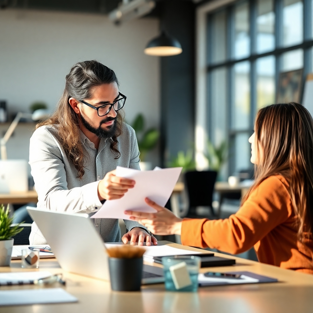 A photorealistic image of a business owner collaborating with a web designer, brainstorming ideas for their website. The setting could be a modern and collaborative workspace, with a focus on teamwork and creative problem-solving. The lighting should be natural and inviting. The camera angle should showcase the collaboration between the two individuals.