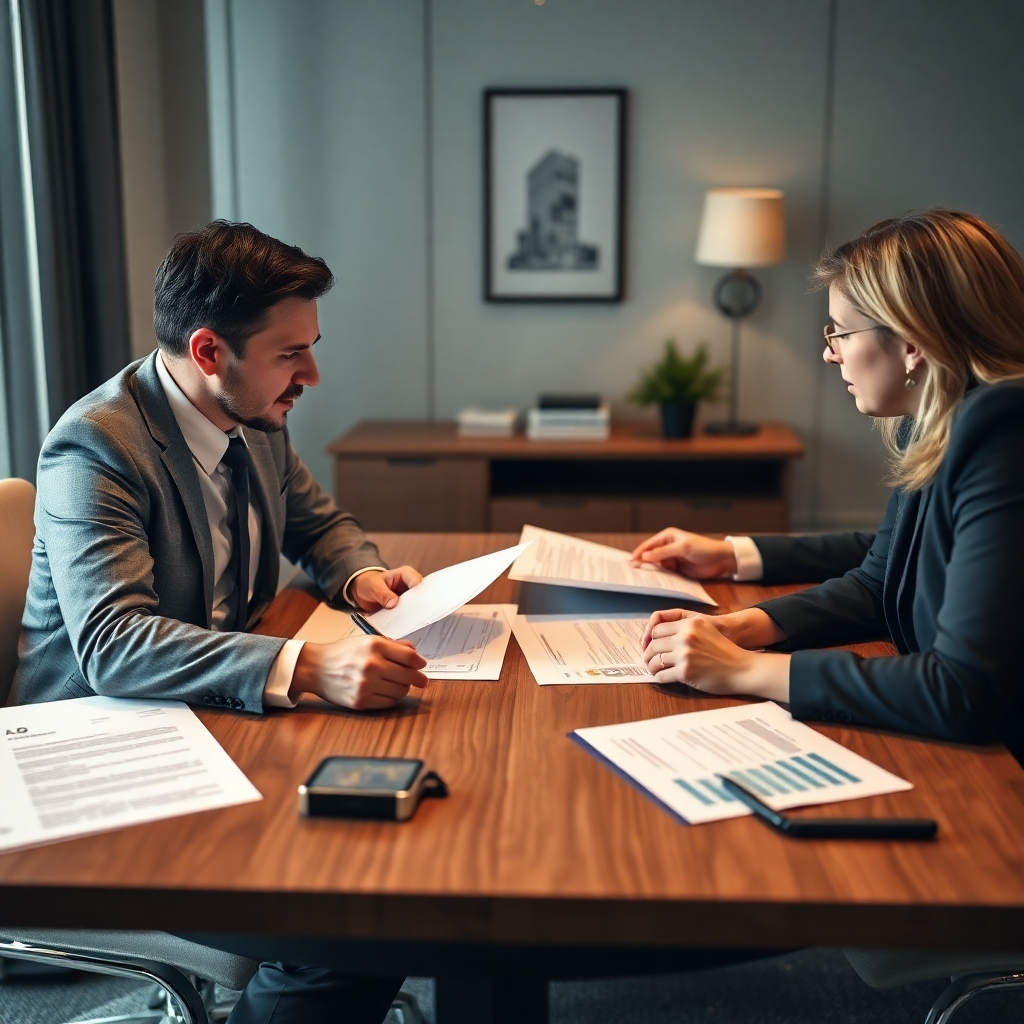 A photorealistic image of a business meeting between a real estate investor and a financial advisor, with documents related to loan agreements, financial statements, and investment strategies on the table. The background should subtly suggest a modern, professional office environment. The overall mood should be one of confident negotiation and strategic planning, highlighting the importance of financial planning in real estate investment.