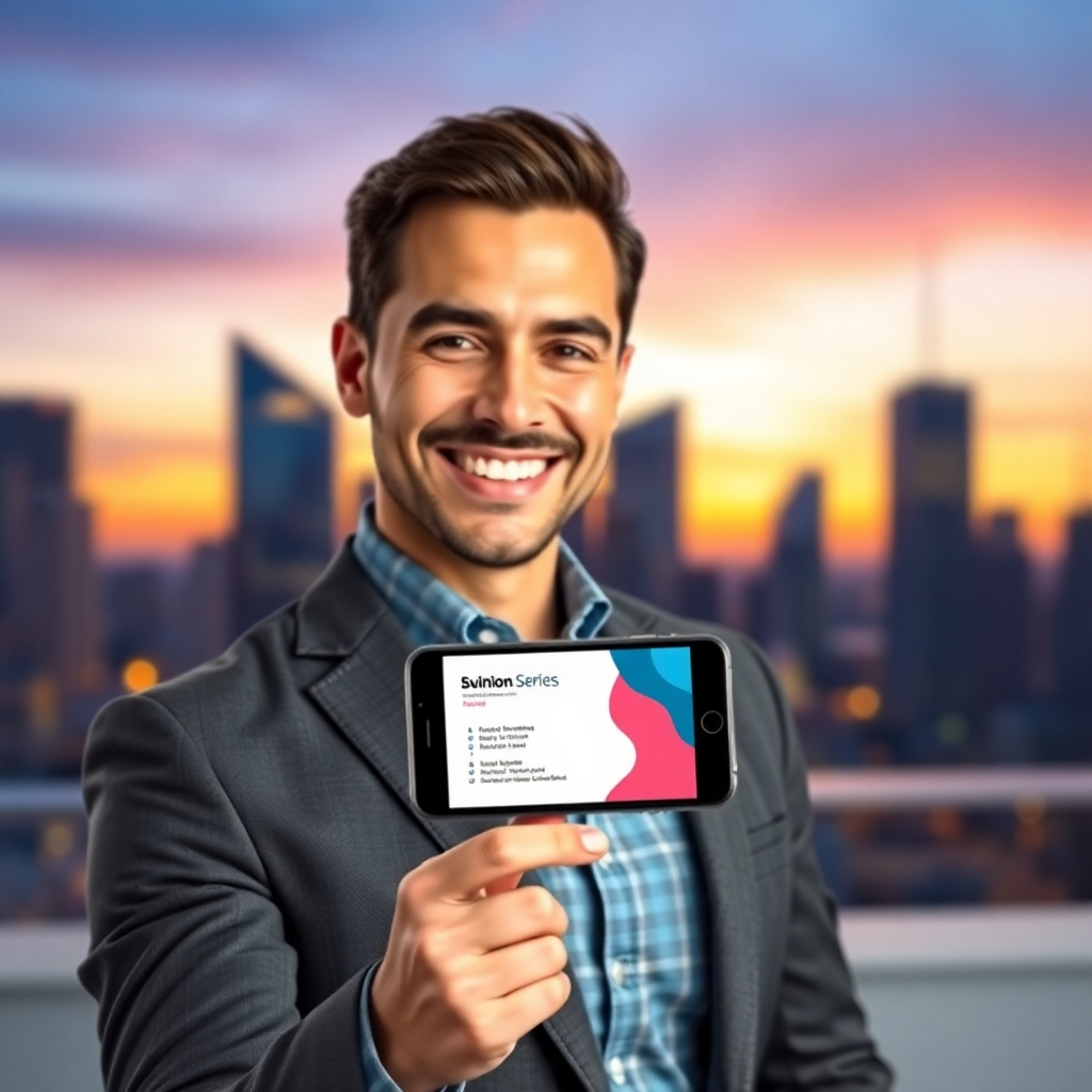 A photorealistic image of a businessman smiling confidently while holding a smartphone displaying a sleek, modern digital business card. The background should be a blurred cityscape at sunset, symbolizing success and efficiency.  The digital business card should be clearly visible and showcase professional design elements.