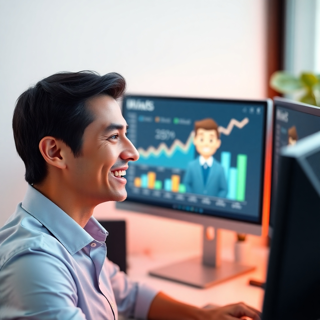 A photorealistic image of a businessperson smiling and looking at a computer screen showing a 3D model of a friendly avatar. The background should include graphs showing increased sales and reduced costs. The overall style should be clean and modern, emphasizing efficiency and cost savings.