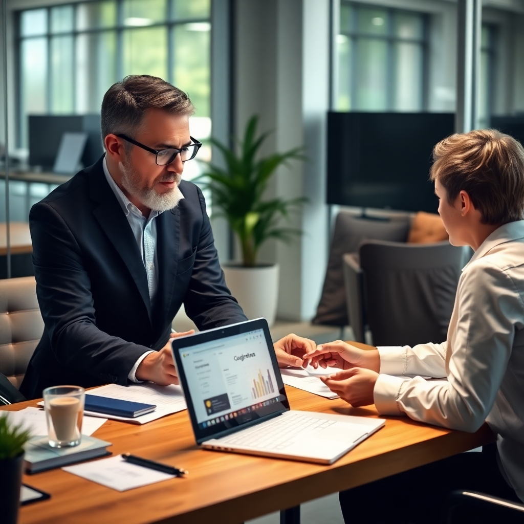 A photorealistic image of a business owner and a consultant having a productive meeting, discussing documents and a laptop displaying a Google My Business interface. The atmosphere should be collaborative and professional, set in a modern office environment with natural light.