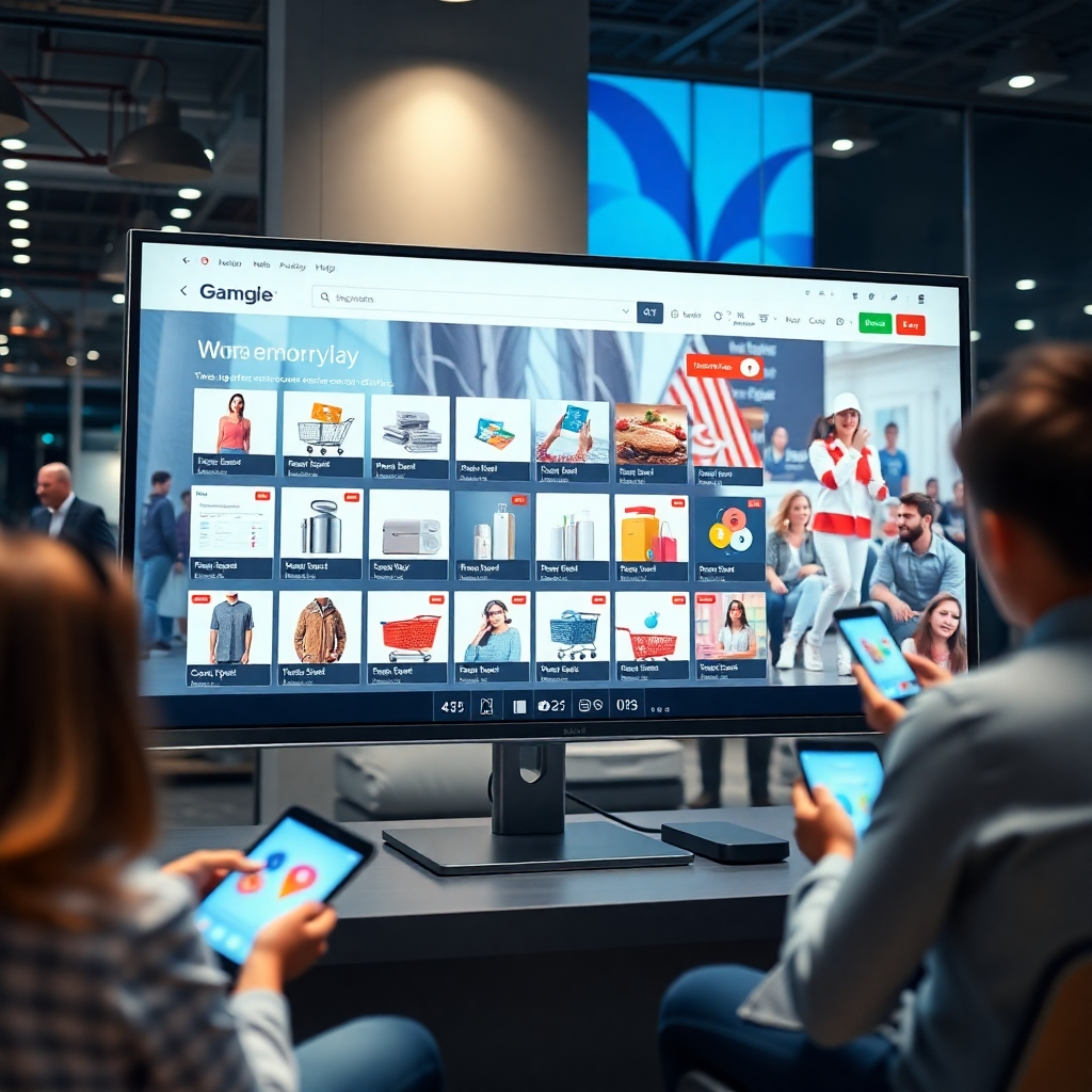 A photorealistic image of a busy e-commerce website interface on a large monitor, showcasing a variety of products with shopping carts and order confirmations. The background should subtly show happy customers shopping online on their devices. The image should convey a sense of ease and efficiency.
