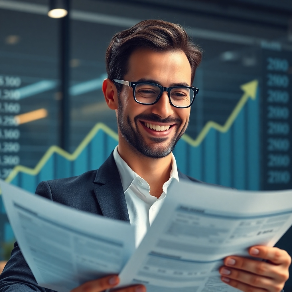 A photorealistic image of a businessperson smiling confidently while reviewing financial documents, with a graph showing upward trend and a subtle overlay of tax code symbols in the background. The overall mood is one of success and financial well-being.