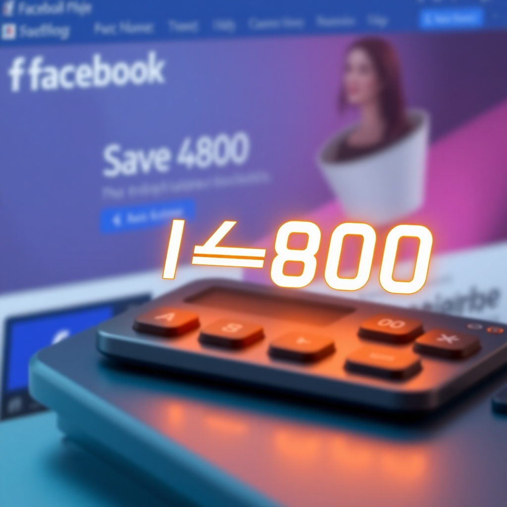 A photorealistic image of a calculator showing 14600 - 9800 = 4800, with a website design mockup and a Facebook logo in the background.  The overall feel should be one of savings and value.