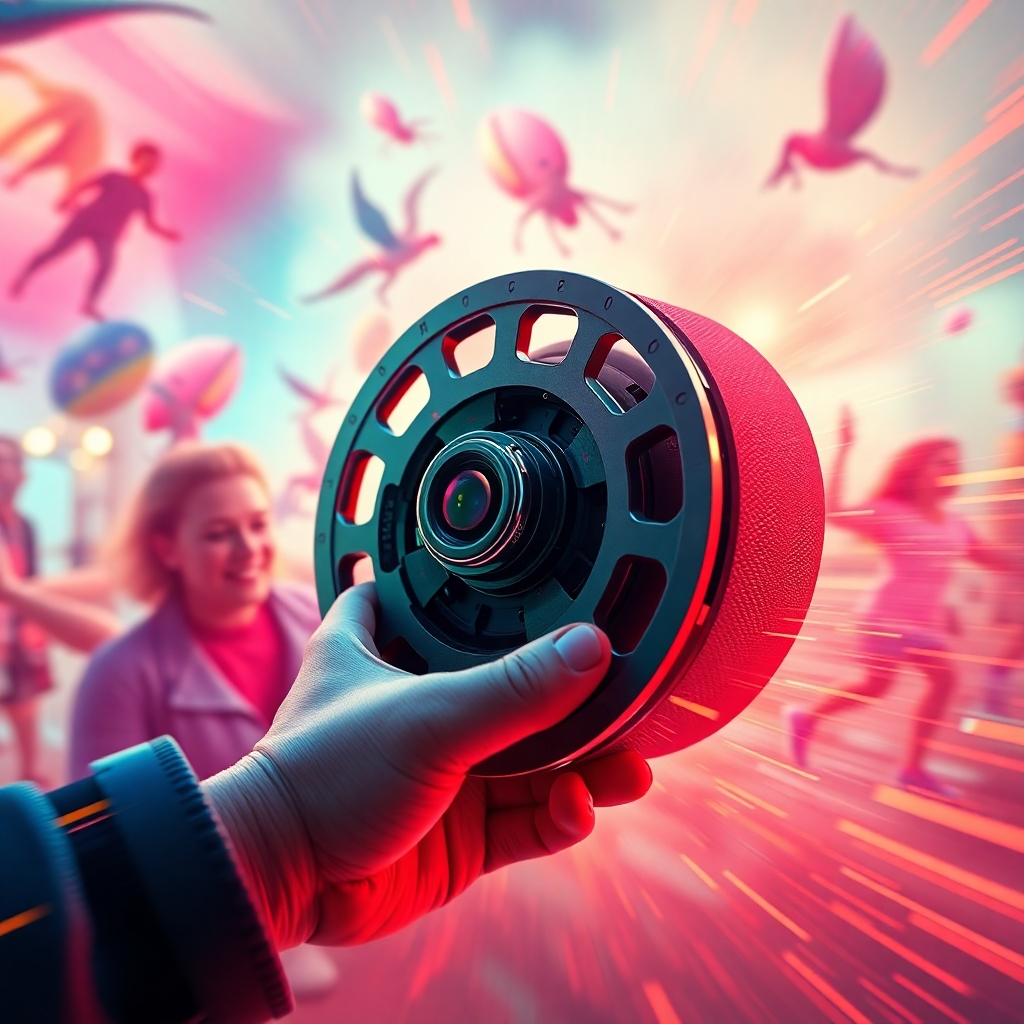 A photorealistic image of a captivating reel showcasing a product. The reel features a fast-paced montage of lifestyle shots interspersed with close-ups of the product, with vibrant colors and dynamic transitions.  The background music should be upbeat and trendy. The overall mood is exciting and engaging. High resolution, cinematic lighting