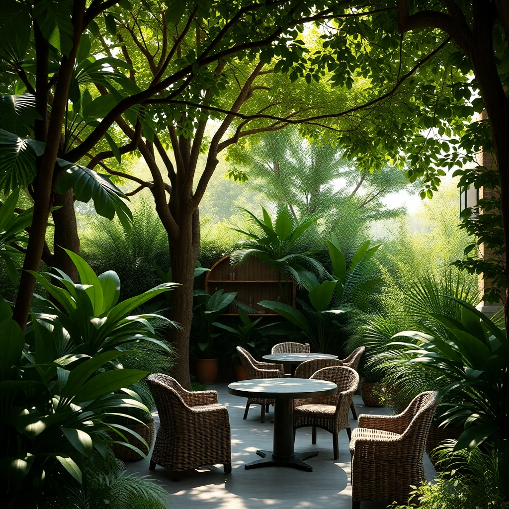 A photorealistic image of a cafe's outdoor seating area surrounded by lush greenery. Show various types of trees and plants, creating a shaded and tranquil setting.  The cafe should have comfortable outdoor furniture, like wicker chairs or wooden benches. The lighting should be soft and natural, with dappled sunlight filtering through the leaves. The overall mood should be peaceful and serene.