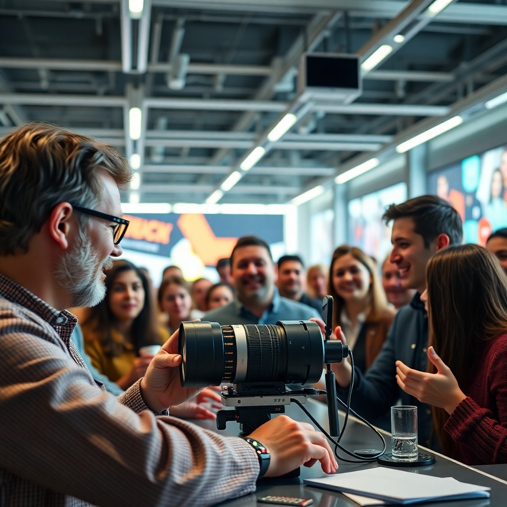A photorealistic image of a captivating reel showcasing a product, with viewers engaging and commenting enthusiastically. The scene is bright, vibrant, and modern, with a clean and professional aesthetic. The focus is on the viewer's reactions and the product's appeal.