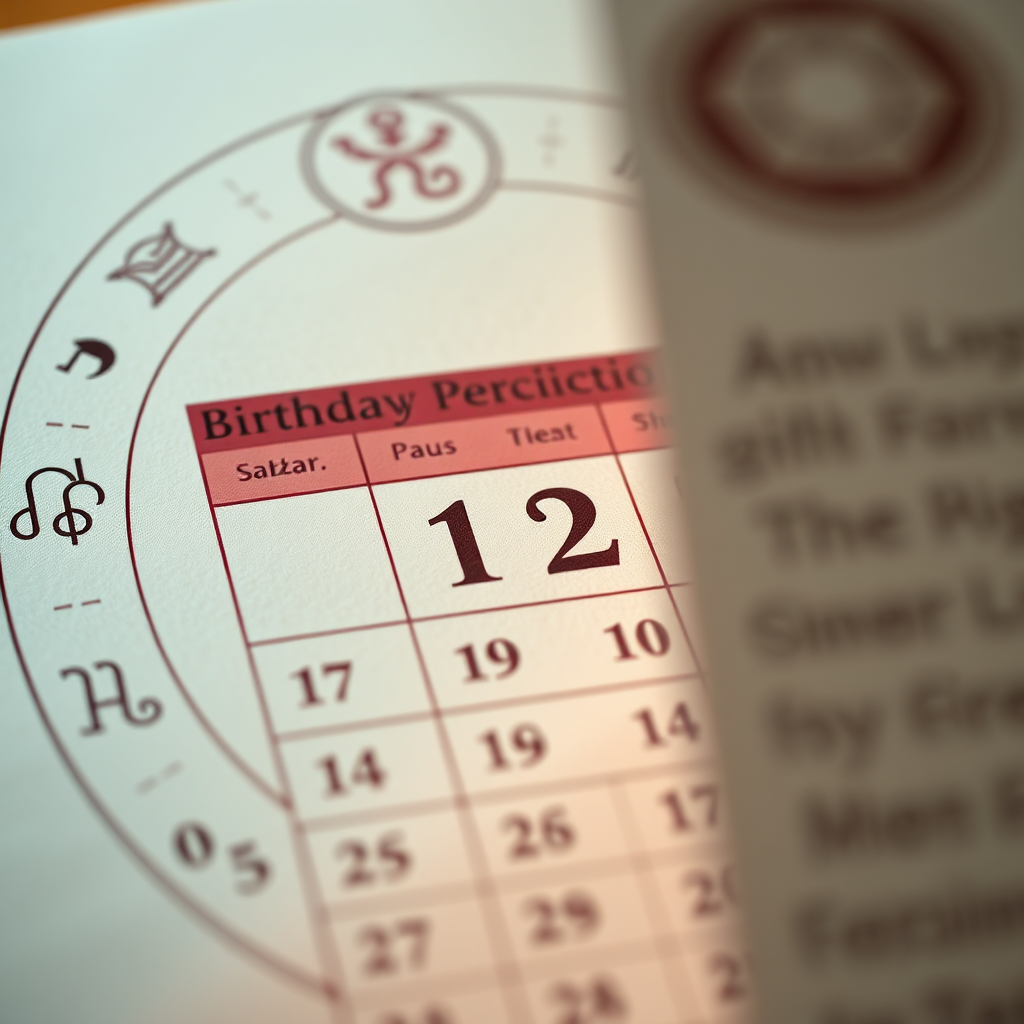 A photorealistic image of a calendar with a specific date highlighted, surrounded by astrological symbols and personalized birthday predictions. The calendar page is partially obscured, creating a sense of anticipation and discovery. The color palette is warm and inviting, with a focus on personalization and insight. The lighting is soft and natural, emphasizing the positive aspects of birthday astrology. The camera angle is a close-up on the calendar. Style is clean and modern. Technical specs: 4K resolution, high quality.